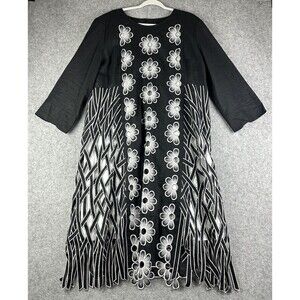 J Song Linen Maxi Dress Womens 20 Black Floral Open Embroidered Weave Lined Zip*
